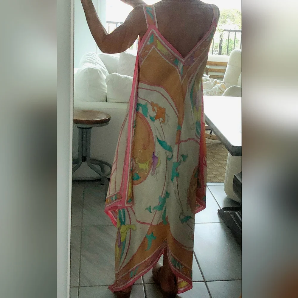 BRIJO Vintage Pastel Rolled Jacquard Silk Hankerchief V Tank Maxi Dress - Picture 16 of 16